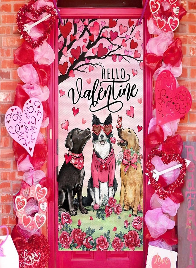 Bolisom Hello Valentine's Day Dogs Door Cover Decorations, Pink Red Love Heart Tree Rose Flower Front Door Banner Background Pet Lover Gift, Anniversary Wedding Indoor Outdoor Home Decor 3 x 6 FT - Image 5